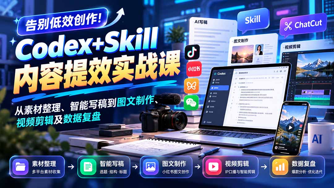 (20915期)【无水印】告别低效创作!Codex+Skill内容提效实战课:从素材整理、智能写稿到图文制作、视频剪辑及数据复盘-副业部