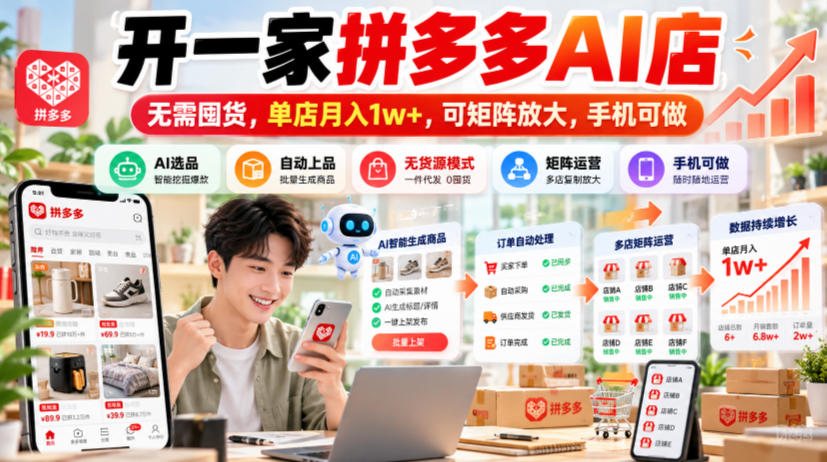 开一家拼多多AI店，无需囤货，单店月入1w+，可矩阵放大，手机可做【揭秘】-副业部