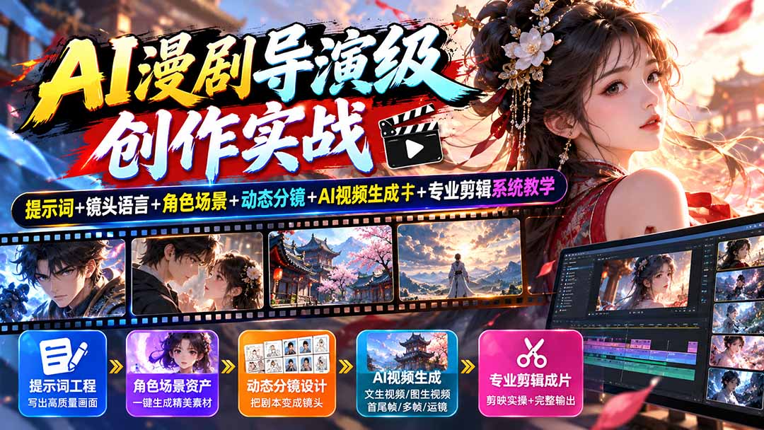 （20814期）AI漫剧导演级创作实战：提示词+镜头语言+角色场景+动态分镜+AI视频生成+专业剪辑系统教学插图1